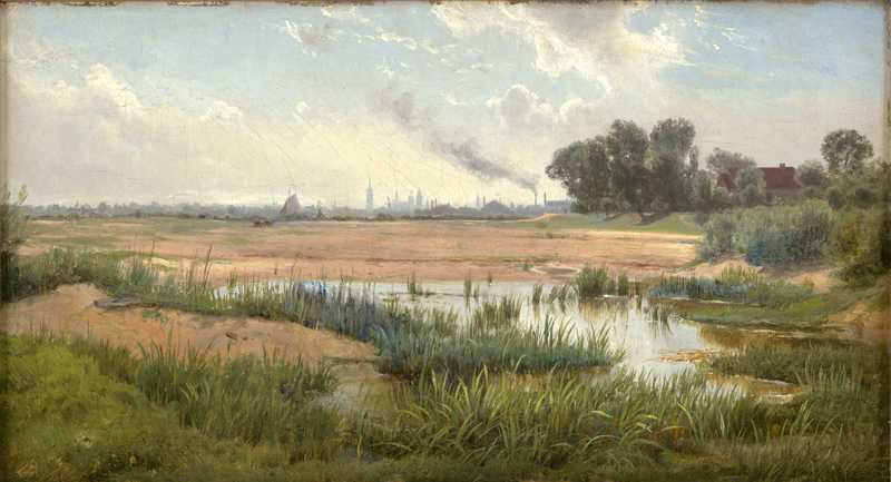 Lot 6129, Auction 128, Duntze, Johannes Bartholomäus, Blick über die Weserauen auf Bremen, rechts das Pfarrhaus von Rablingshausen