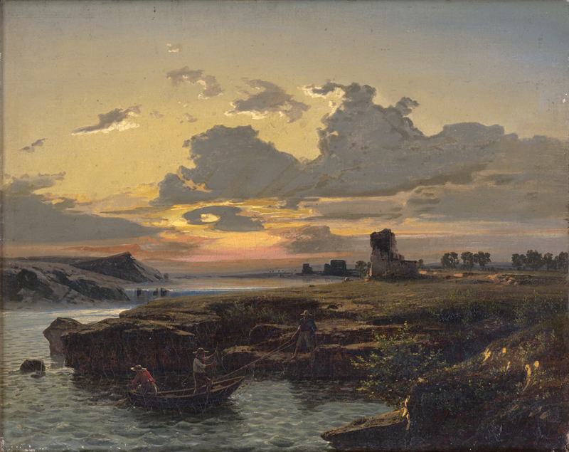 Lot 6136, Auction  128, Hohneck, Adolf, Ruinen am Wasser, im Vordergrund heimkehrende Fischer