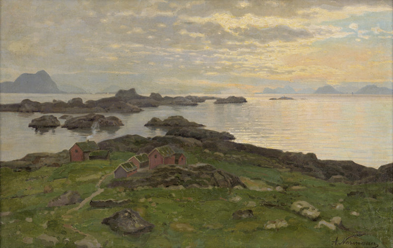 Lot 6155, Auction 128, Normann, Adelsteen, Felsige Küstenlandschaft mit roten Fischerhütten auf den Lofoten