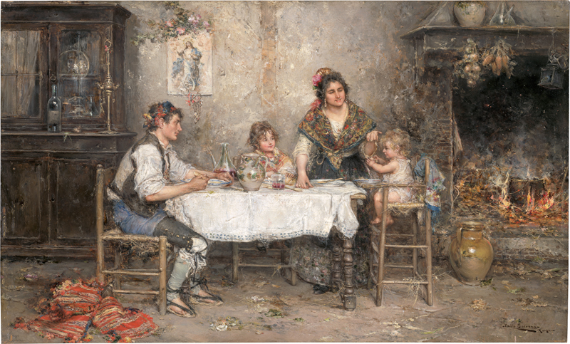 Lot 6200, Auction 128, Salinas y Teruel, Juan Pablo, Il Pranzo: Familie beim Speisen neben dem offenen Kamin
