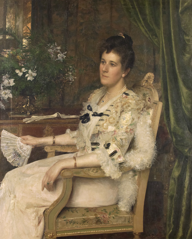 Lot 6210, Auction 128, Jans, Edouard de, Bildnis einer eleganten Dame in Weiß mit Fächer und Straußenfeder Boa