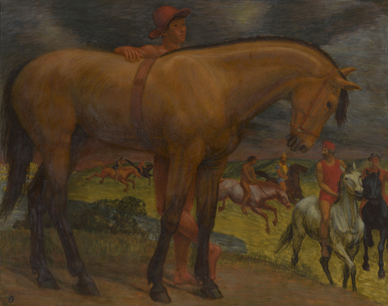 Lot 6232, Auction  128, Volkmann, Artur, Jüngling hinter Pferd stehend neben einer Reitergruppe