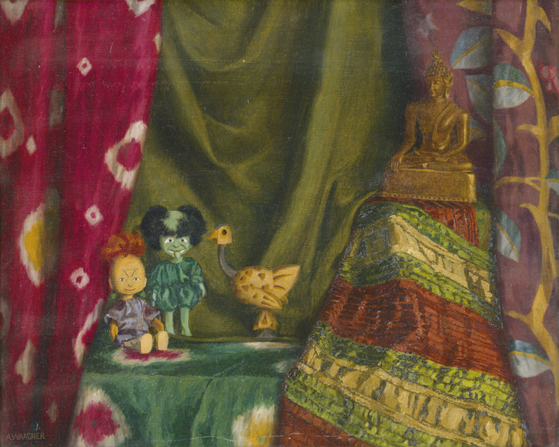 Lot 6238, Auction  128, Waagner, Alfred, Stillleben mit japanischen Puppen, Buddha und exotischen Stoffen