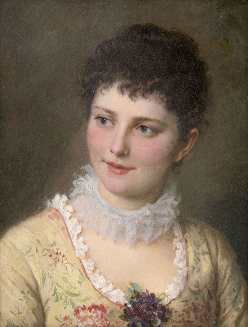 Lot 6242, Auction  128, Conrad, Albert, Junge Frau im mit Blumen bestickten Kleid und weißer Tüllspitze als Halsschmuck
