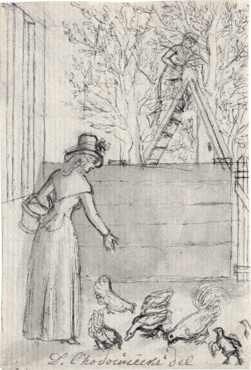 Lot 6510, Auction 128, Chodowiecki, Daniel Nikolaus, Die Frau füttert das Federvieh, während der Prediger C. H. Schultze in Döbritz die Bäume schneidet