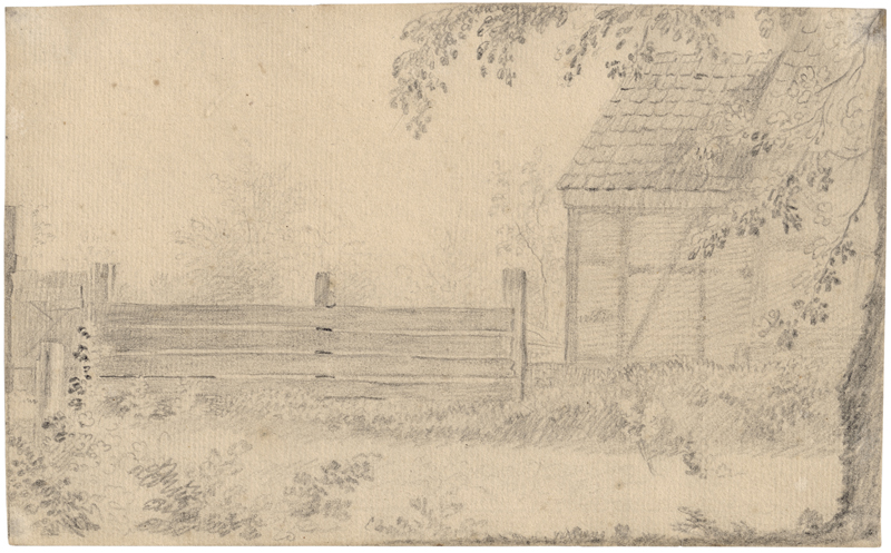 Lot 6511, Auction 128, Chodowiecki, Daniel Nikolaus, Fachwerkhaus am Wegrain mit Gartentor und Plankenzaun