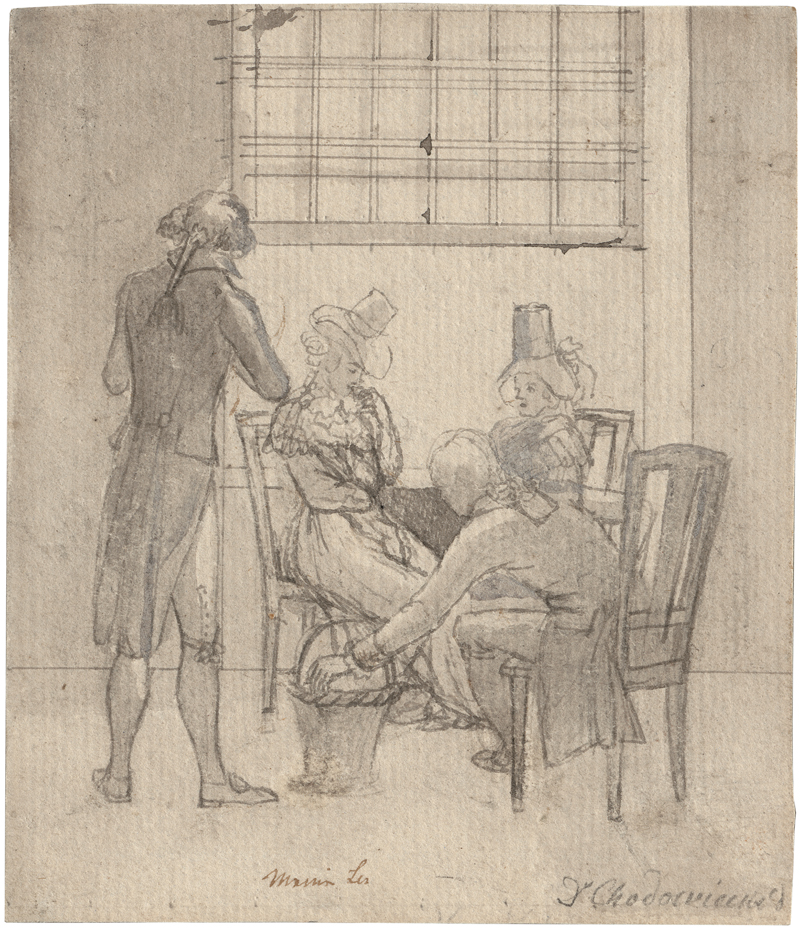 Lot 6521, Auction 128, Chodowiecki, Daniel Nikolaus, Elegante Gesellschaft mit zwei Damen und zwei Herren an einem Fenster