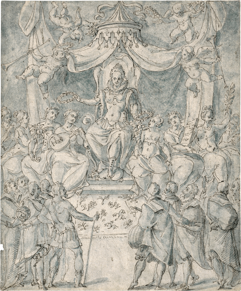 Lot 6557, Auction  128, Französisch, um 1600. Allegorische Darstellung mit einer Königin, die Lorbeerkränze verteilt