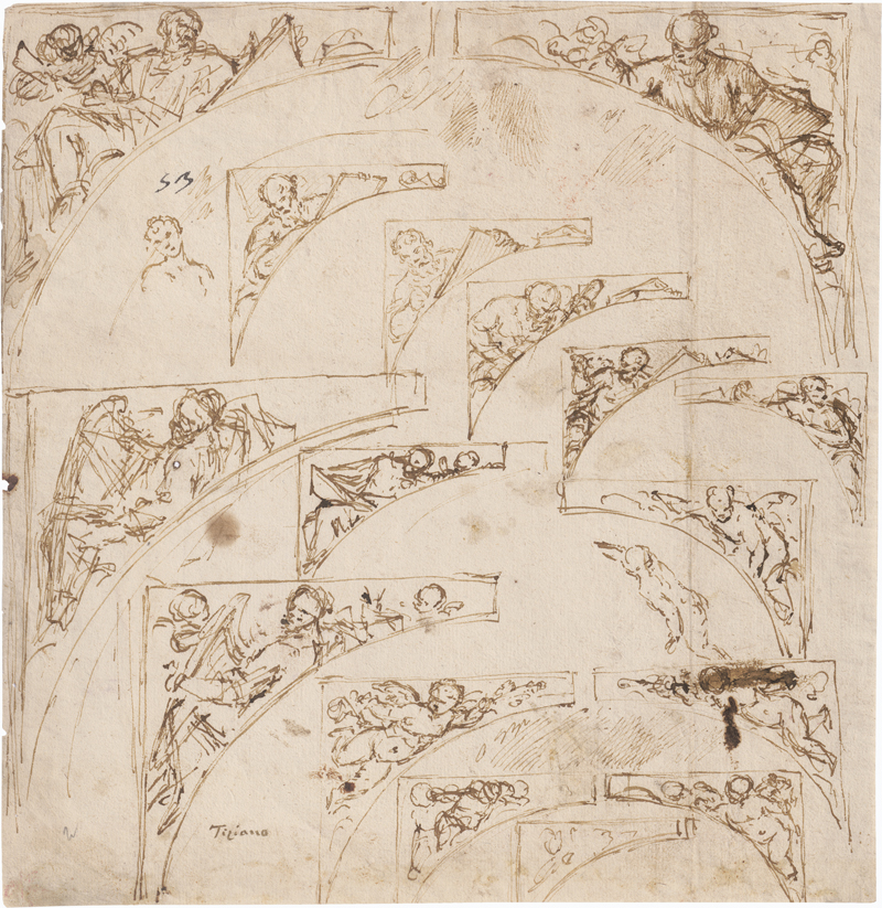 Lot 6587, Auction 128, Italienisch, 16. Jh. Studienblatt mit Entwürfen zu Zwickeln mit Darstellung von Evangelisten und Putti