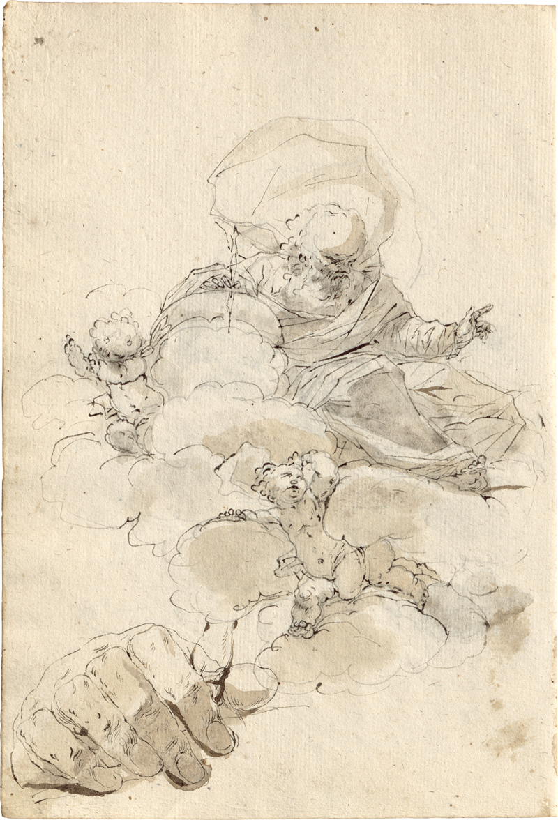 Lot 6608, Auction 128, Caliari, Paolino, Kompositionsstudien zu biblischen Szenen: Gottvater in den Wolken, Engel, Detailstudien zu Händen und Füßen
