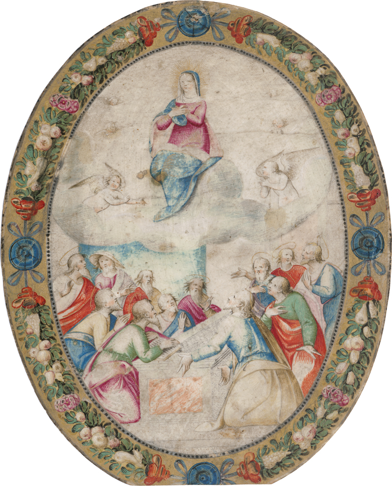 Lot 6617, Auction  128, Mexikanisch, Mitte 18. Jh. Andachtsminiatur mit der Himmelfahrt Mariä und den zwölf Aposteln vor dem leeren Grab in einer Blumen- und Früchtebordüre