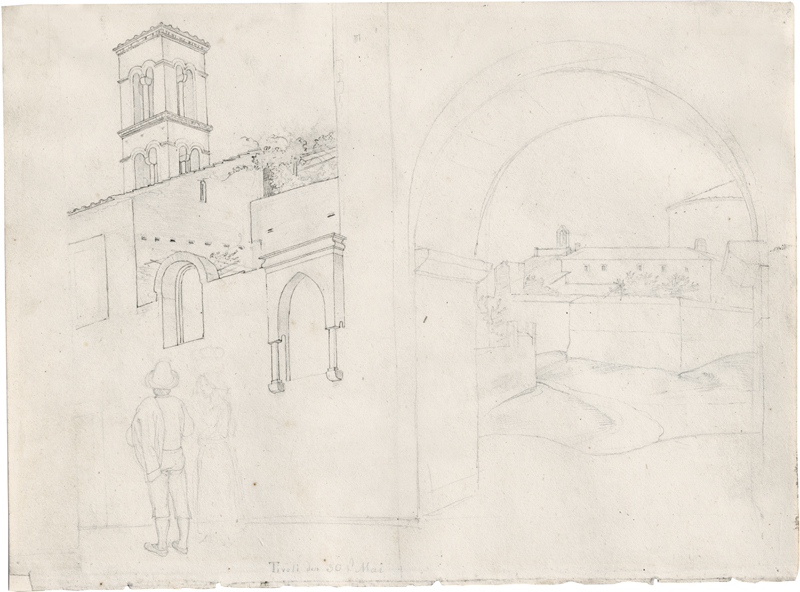 Lot 6664, Auction 128, Olivier, Friedrich, Skizzenbuchblatt mit den Schemen eines Hirtenpaares vor dem Campanile von San Michele in Tivoli, rechts Blick durch einen Torbogen auf Santo Stefano Rotondo in Rom