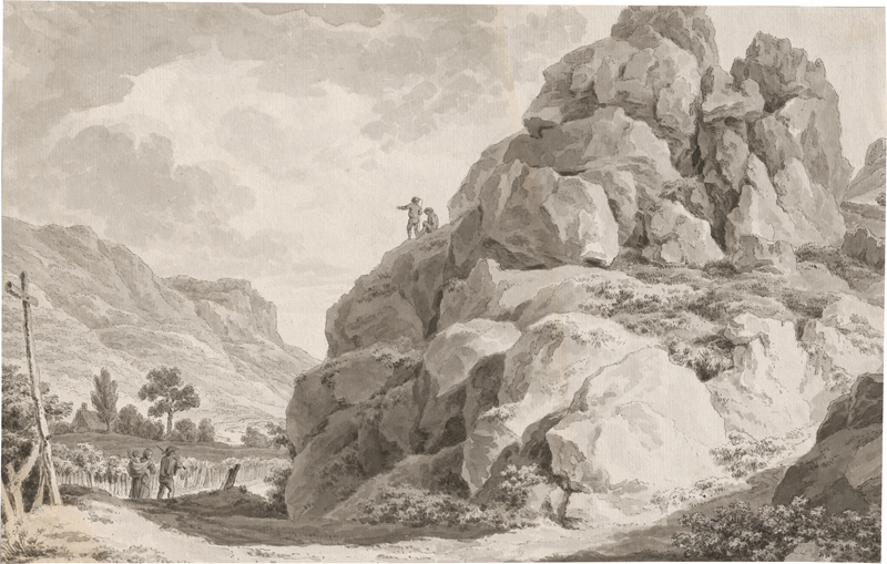 Lot 6682, Auction 128, Zingg, Adrian, Gebirgige Landschaft mit Landvolk, vorne links ein Wegkreuz
