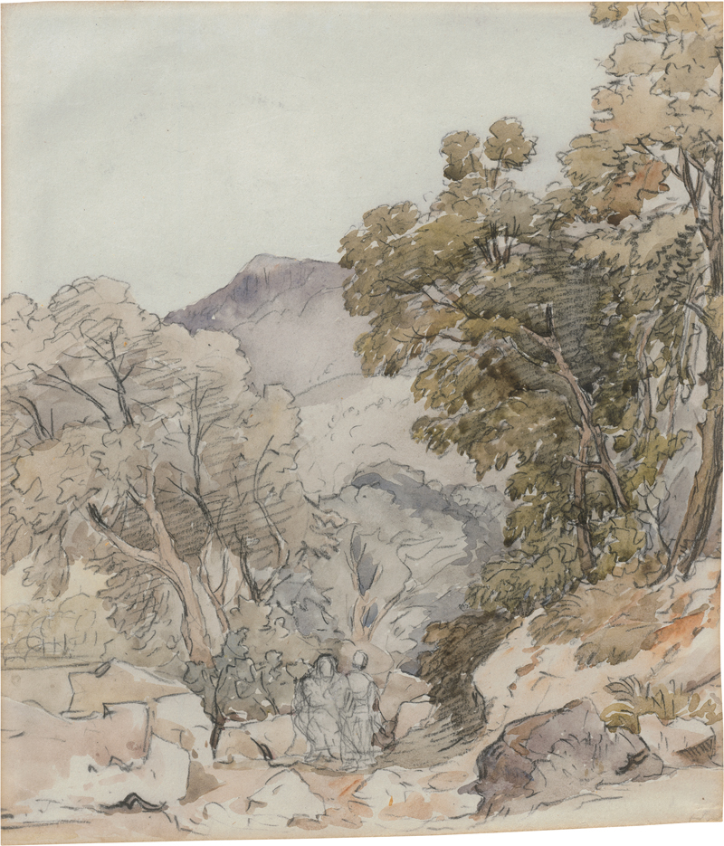 Lot 6694, Auction  128, Cox I, David, Baumbestandene Gebirgslandschaft mit Reisenden