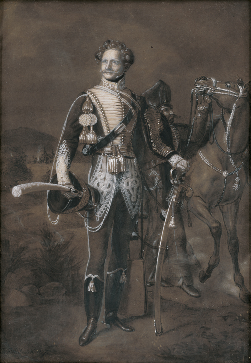 Lot 6696, Auction 128, Hildebrandt, Ferdinand Theodor, Bildnis des Wilhelm von Knobelsdorff in Galauniform, hinter ihm sein Adjutant mit Pferd