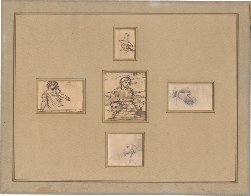 Lot 6701, Auction 128, Géricault, Théodore, Tableau mit 5 Zeichnungen: Selbstportrait während seiner letzten Krankheit; Junge mit Hut; Studie für das Bildnis von Louise Vernet als Kind; Studie einer Hand; Studie für das Bildnis von Olivier Bro de Comères als Kind mit Hund