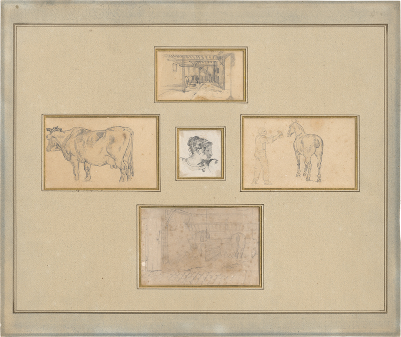 Lot 6702, Auction 128, Géricault, Théodore, Tableau mit 5 Zeichnungen: Stallszene mit drei Pferden; Stehende Kuh; Frauenkopf im Profil; Mann mit Pferd, verso: Stallszene mit einem Pferd; Stallszene mit zwei Pferden