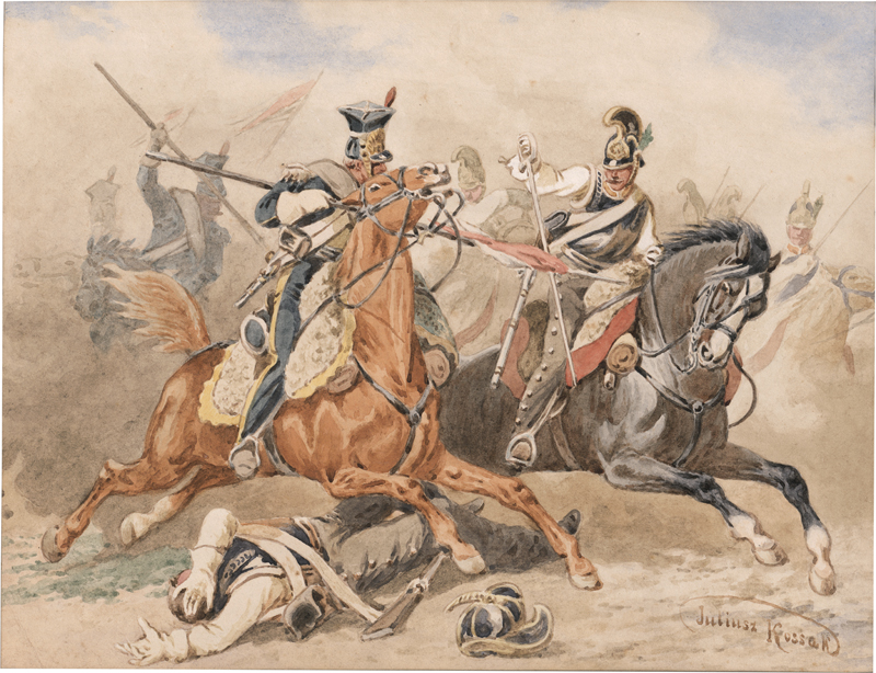 Lot 6706, Auction 128, Kossak, Juliusz Fortunat von, Schlachtenszene mit einem Ulanen während des Novemberaufstands