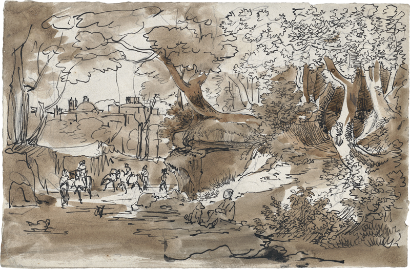 Lot 6719, Auction 128, Salathé, Friedrich, Auf dem Weg nach Rom: Hohlweg bei Ariccia mit Blick auf den Dom und den Palazzo Chigi