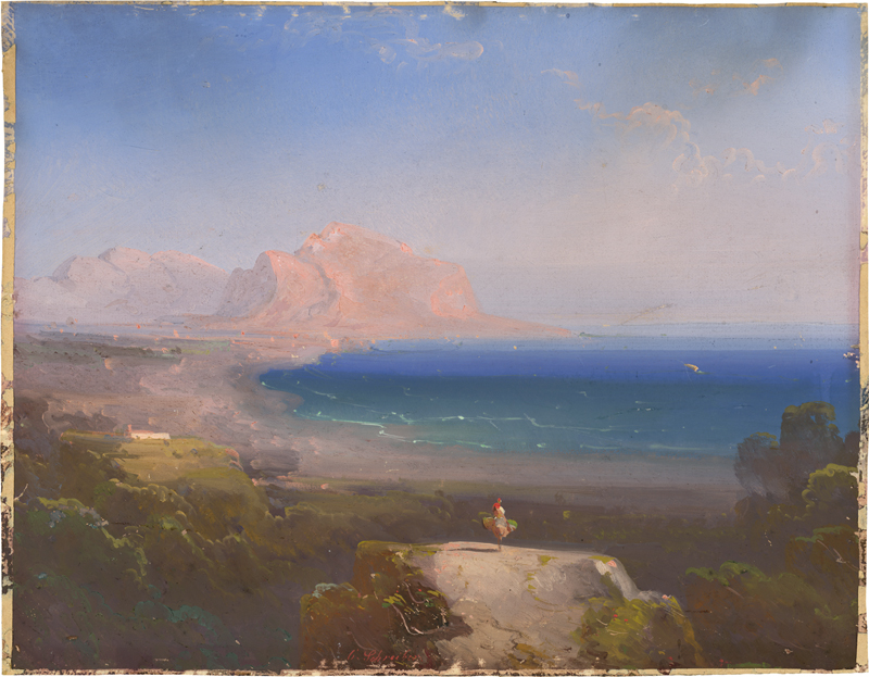 Lot 6731, Auction  128, Schreiber, Peter Conrad, Ansicht von Palermo mit dem Monte Pellegrino, im Vordergrund ein Reiter mit beladenem Maulesel