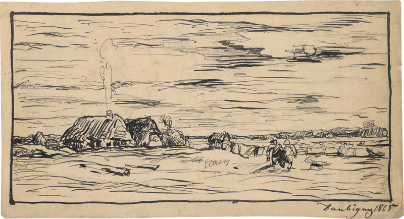 Lot 6744, Auction  128, Daubigny, Charles-François, Weite Landschaft mit Bauernhäusern und heimkehrenden Feldarbeitern