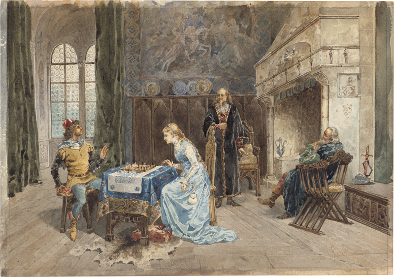 Lot 6762, Auction 128, Roberti di Induno, Die Schachpartie (Ein junger Edelmann mit einem Burgfräulein beim Schachspiel im Kaminsaal einer gotischen Burg)