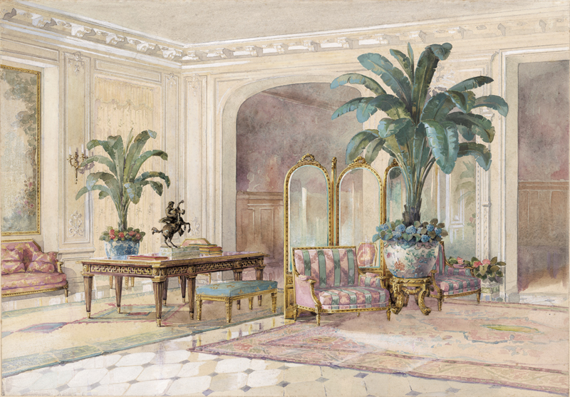Lot 6778, Auction 128, Rémon, Georges, Salon in einer Villa der Belle Époque mit Möbeln im Stil Louis XVI und Palmen
