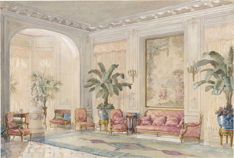 Lot 6779, Auction 128, Rémon, Georges, Salon in einer Villa der Belle Époque mit Möbeln im Stil Louis XVI und Palmen, links eine Marmorskulptur