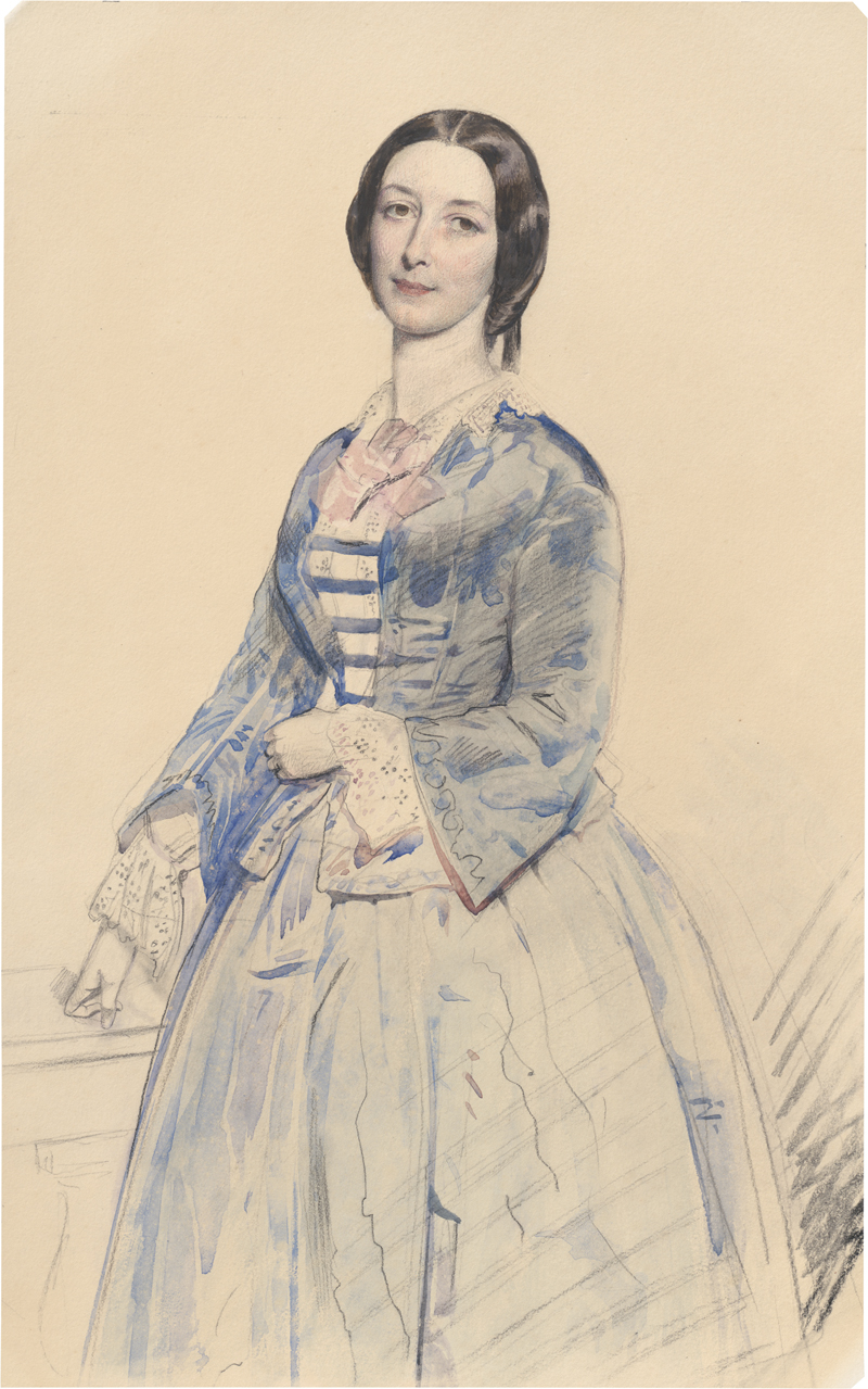 Lot 6780, Auction  128, Französisch, um 1840. Dreiviertelportrait einer stehenden Dame im blauen Kleid mit gestreiftem Bustier