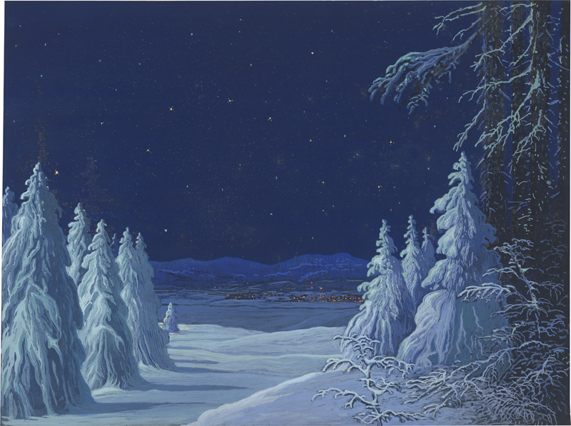 Lot 6816, Auction 128, Kranz, Wilhelm, "Winternacht": Sternenhimmel über verschneitem Dorf, im Vordergrund Tannenwald